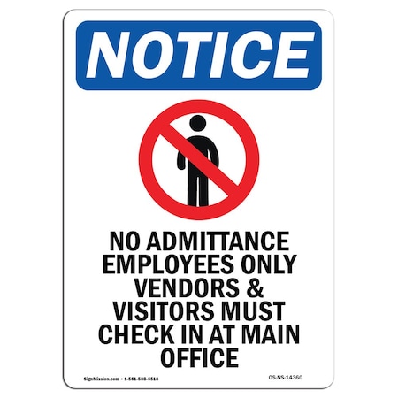 Signmission Safety Sign, OSHA Notice, 5" Height, No Admittance Employees Sign With Symbol, Portrait OS-NS-D-35-V-14360